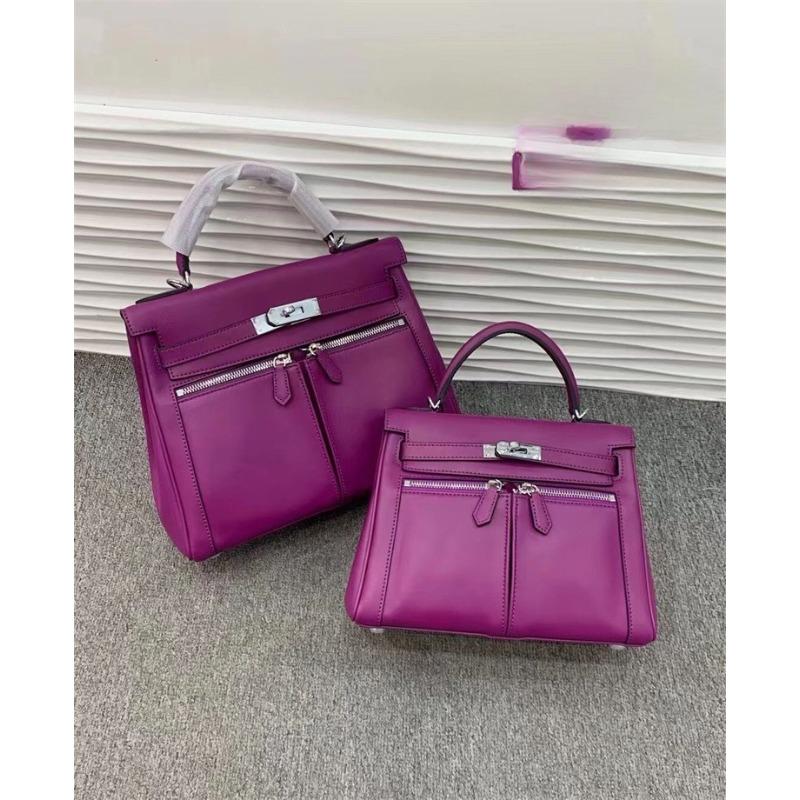 New first-layer cowhide KL bag women's double pocket capacity large handbag commuter shoulder messenger bag