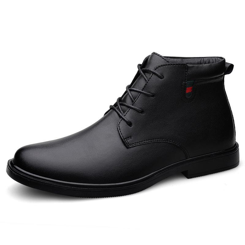 Men's Cross-Border High-Top Leather Boots - Autumn/Winter Cowhide Lace-Up Business Casual Formal Boots with Warm Velvet Lining