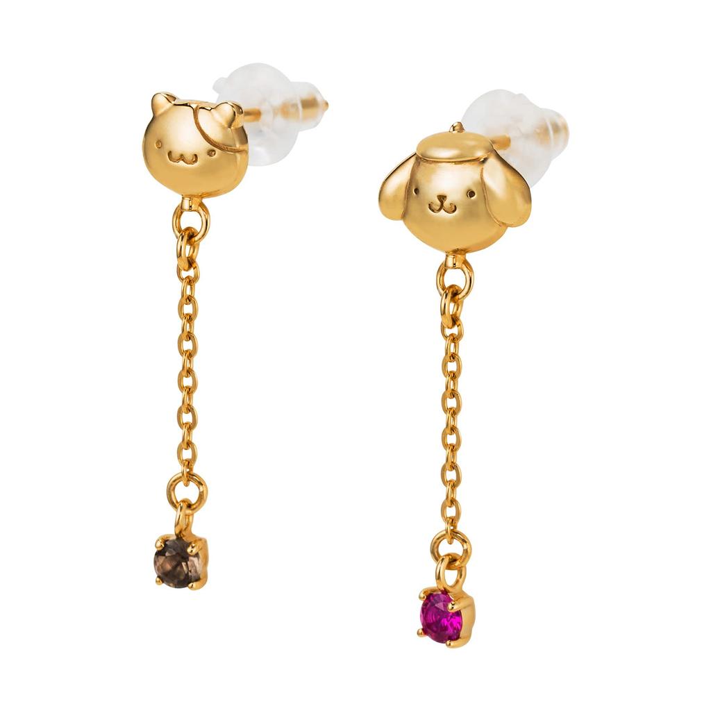 POMPOMPURIN 25th Anniversary Earrings for Both Set of 2 Sanrio Characters Pudding Beret Muffin Shaking Silver 925 Cubic Zirconia Yellow Gold Coating