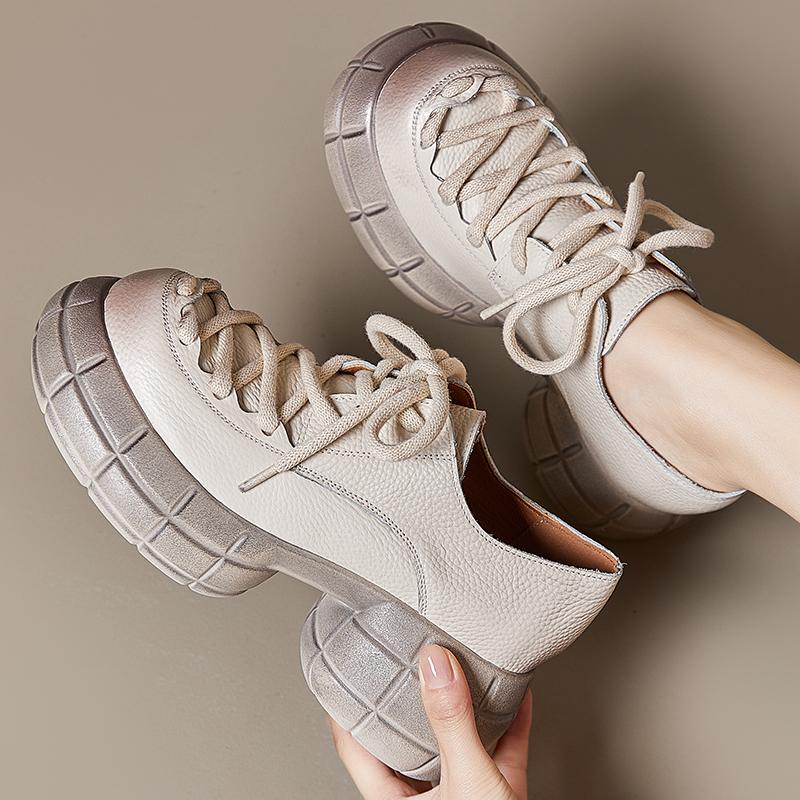 Fashion GKTINOO Genuine Leather 2025 Spring New Round Toe Thick Sole Lace Up Loafers Casual Versatile Women's Flat Platform Shoes