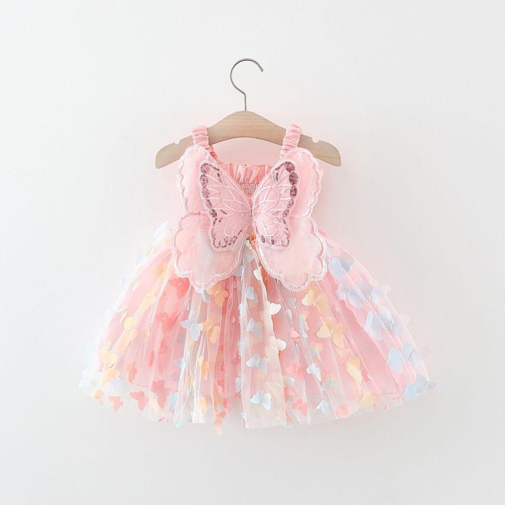 Girls' Summer Spaghetti Strap Mesh Dress with 3D Butterflies - Princess Style
