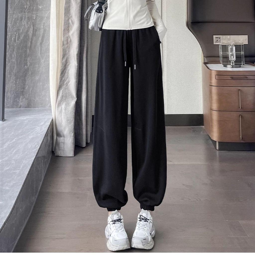2025 Black Women's High-Waisted Slimming Cuffed Sweatpants - American Style Straight-Leg Lantern Pants for Autumn