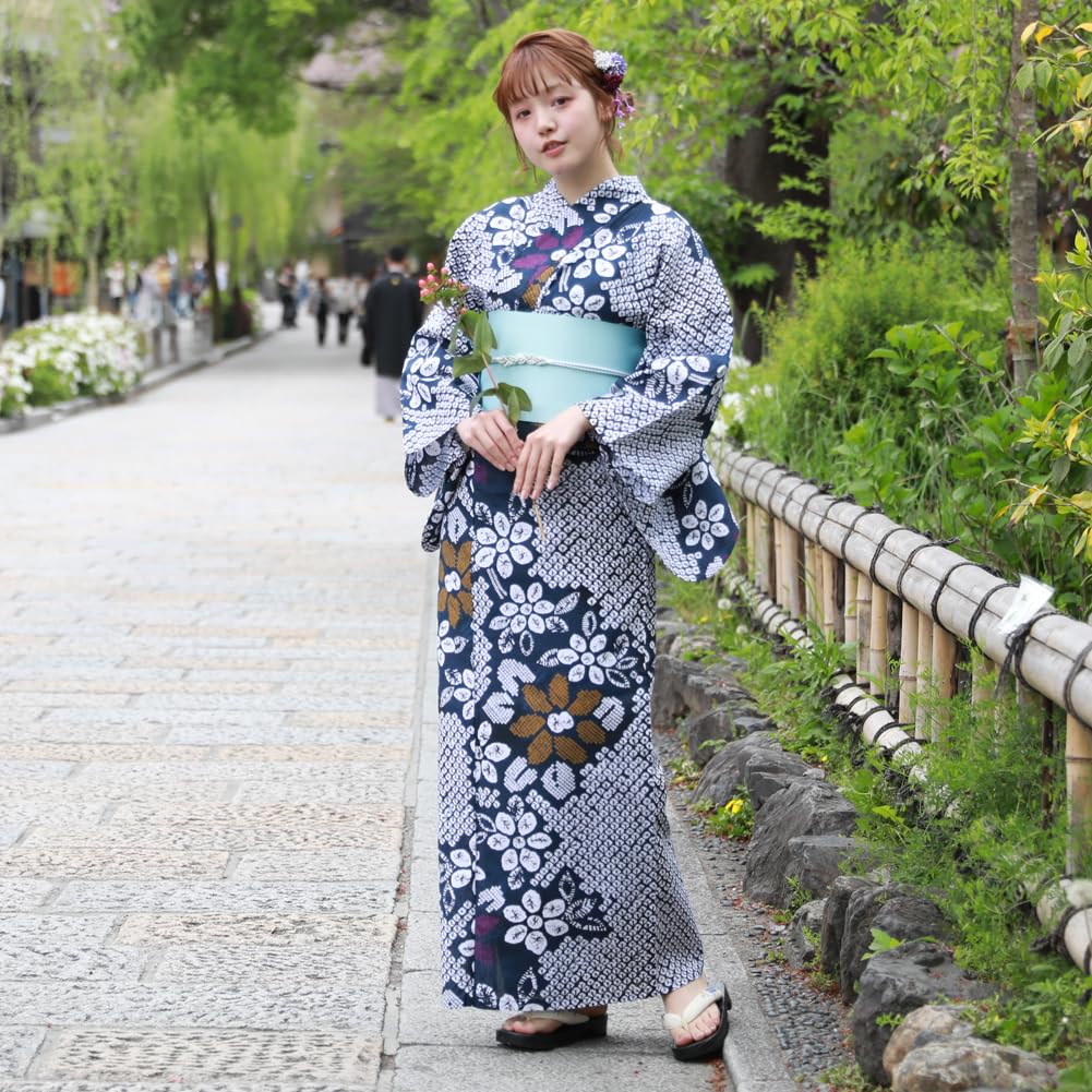 yukata comfortable yukata set with unique weave blue with pattern and sizes Plus-size set, fit, 3-piece (navy tie-dye tie-dye flowers, 4L-5L)