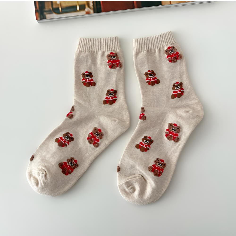 4Pairs Korean Christmas Socks Gift Set –  Winter Cozy Women’s Socks – Holiday Cute Gift Box – 3 Color Sets (Red / Beige / Blue Navy)