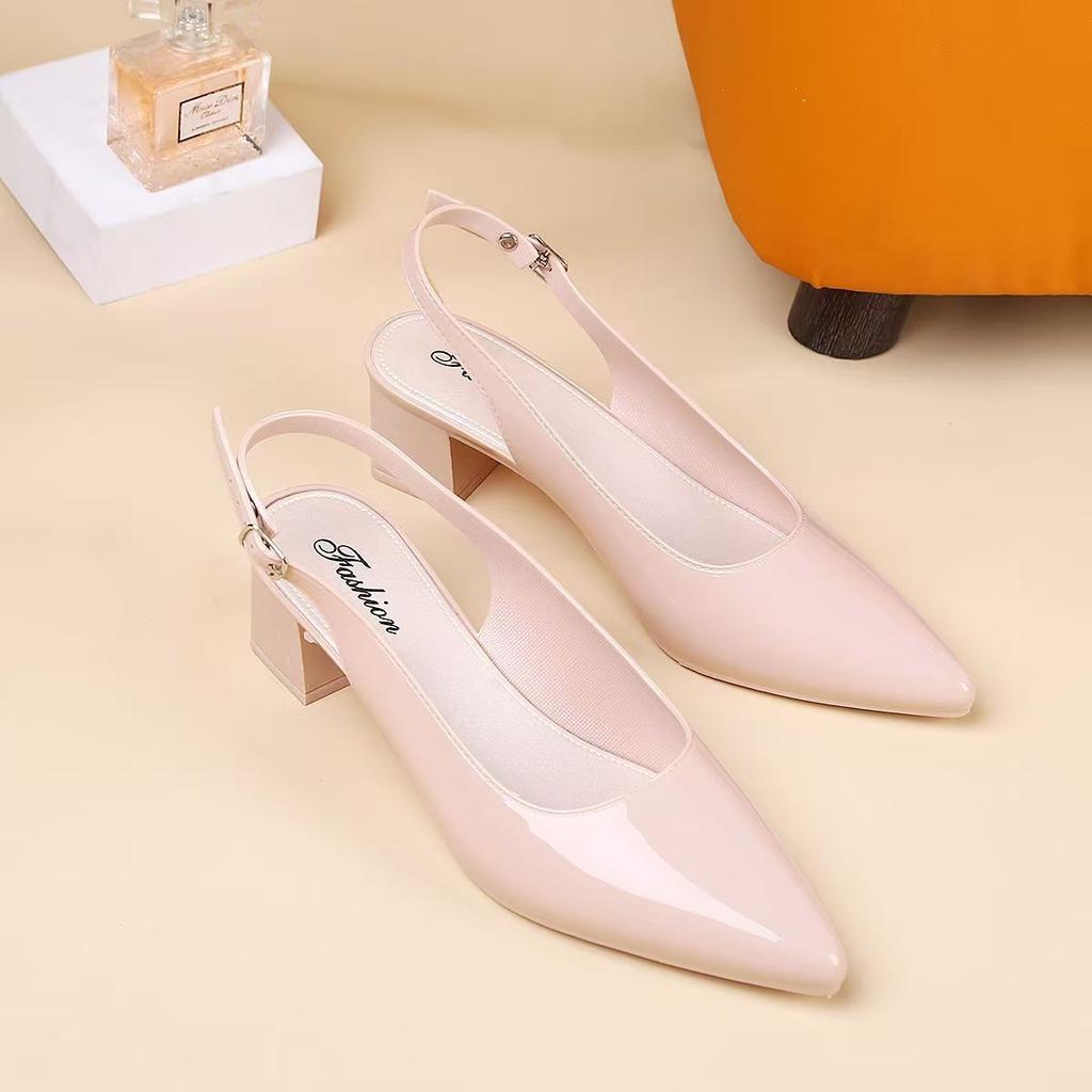 Women's Pointed Toe Slip On Block Heel Sandals Summer New Soft Sole Non Slip Waterproof Outdoor Beach Sandals Fashion Nude Shoes
