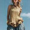 Women Tops Solid Color Loose Fit Breathable Casual Blouse O-Neck Sleeveless Ruffle Splicing Hem Summer Vest Daily Wear