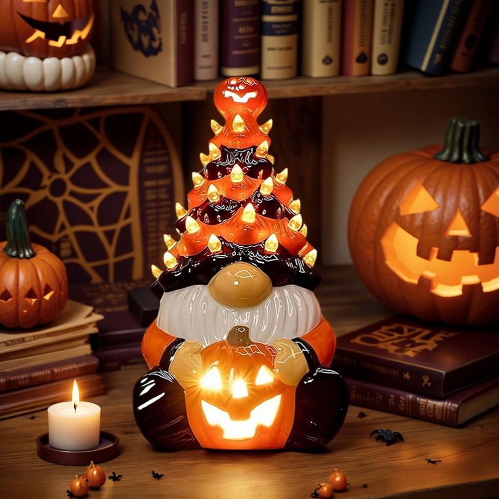 LED Glowing Halloween Gnome Statue Multi-Purpose Resin Halloween Gnome Lantern Gnome Pumpkin Lantern Ornaments for Home Decor