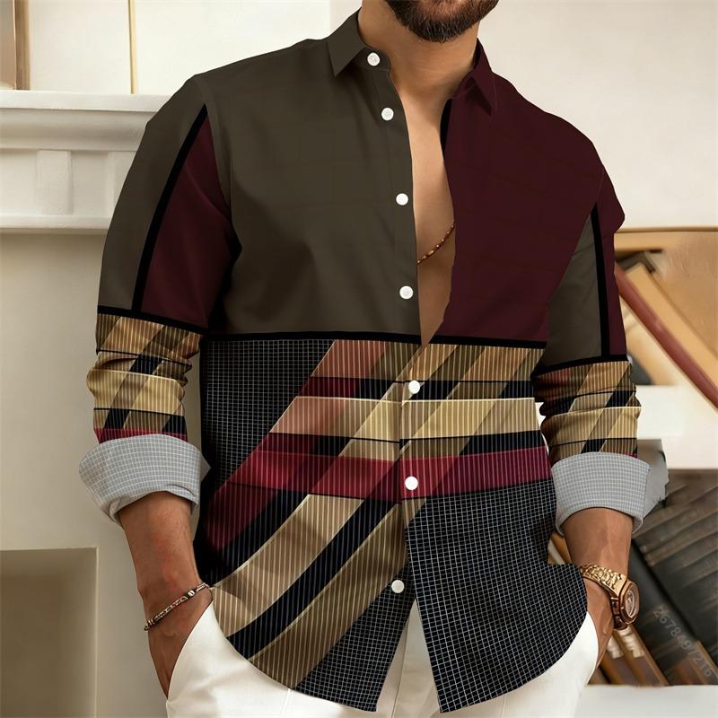 Men's 3D Printed Geometric Color-Blocked Long-Sleeved Shirt, Stylish Casual Slim-Fit Shirt, Outdoor Street Style Men's Top