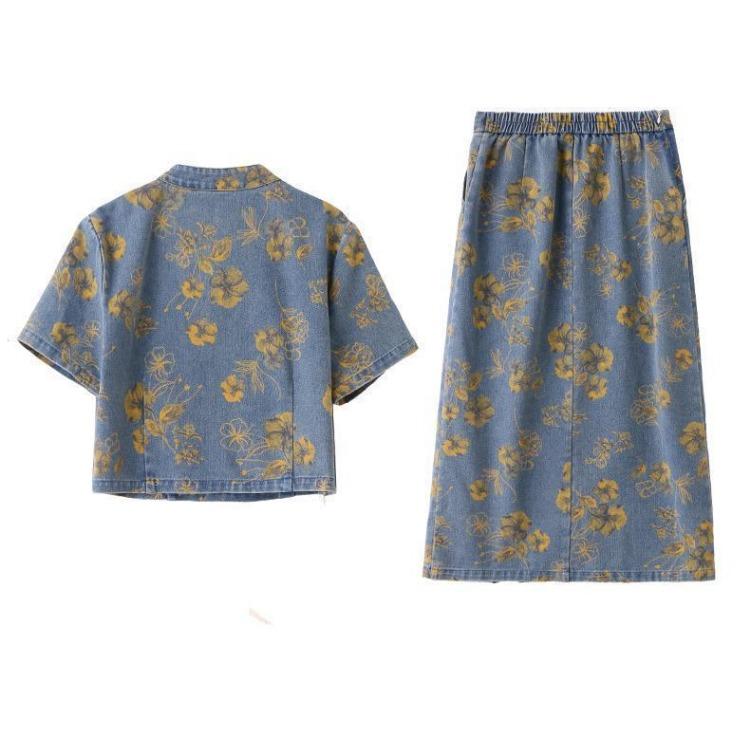 Set Gonna Denim Stile Cinese alla Moda Donna Estivo Stampa Floreale Completo Due Pezzi con Bottoni Nodo