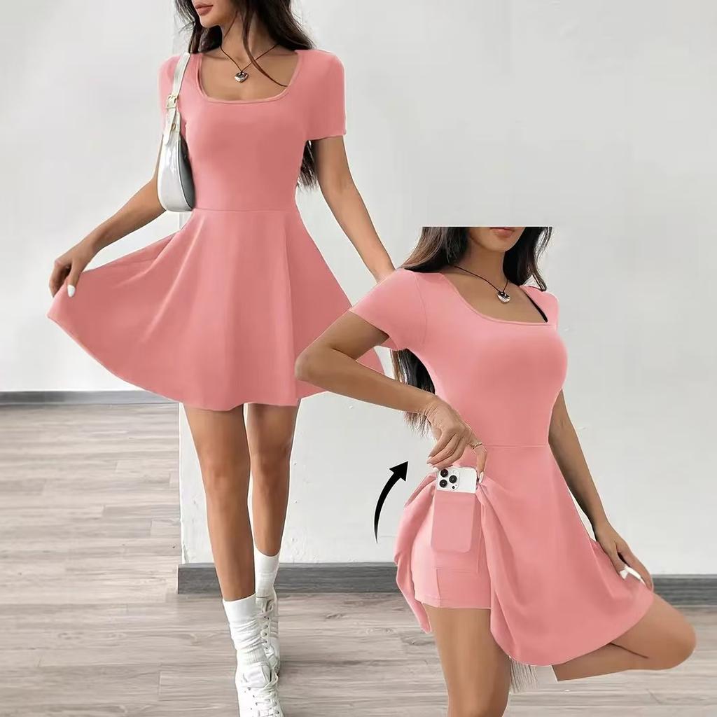 Women‘s Romper Dress with Built-in Shorts - Anti-Slip Belted Waist Short Sleeve Summer Dresses