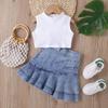 Mädchen Mode-Set, Sommer Kinder Freizeit Einfarbig Ärmelloses Oberteil, Denim Plissee Rock Set