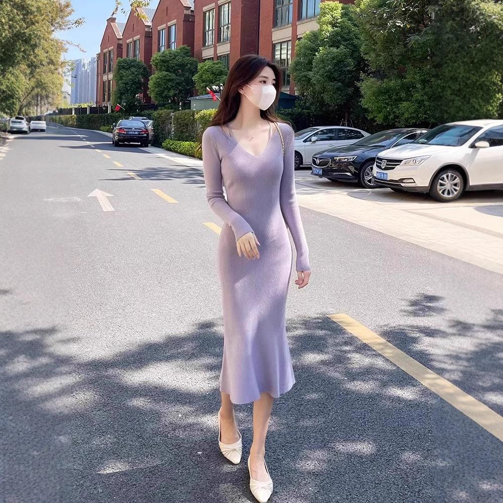 Autumn Sling Slim-fit V-neck Bodycon Knitted Dress