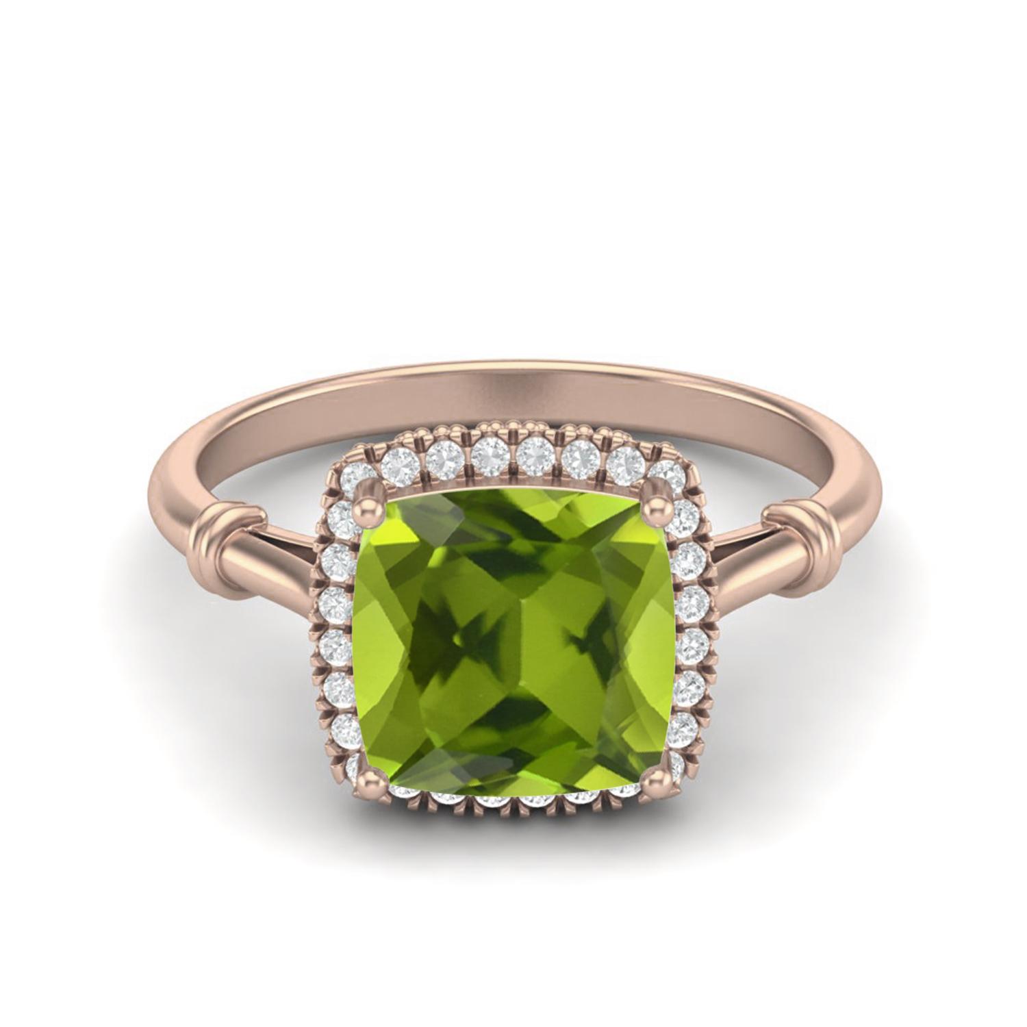 2.86 Ctw Cushion Peridot 925 Sterling Silver Rose Vermeil Solitaire Halo Women Wedding Ring 8