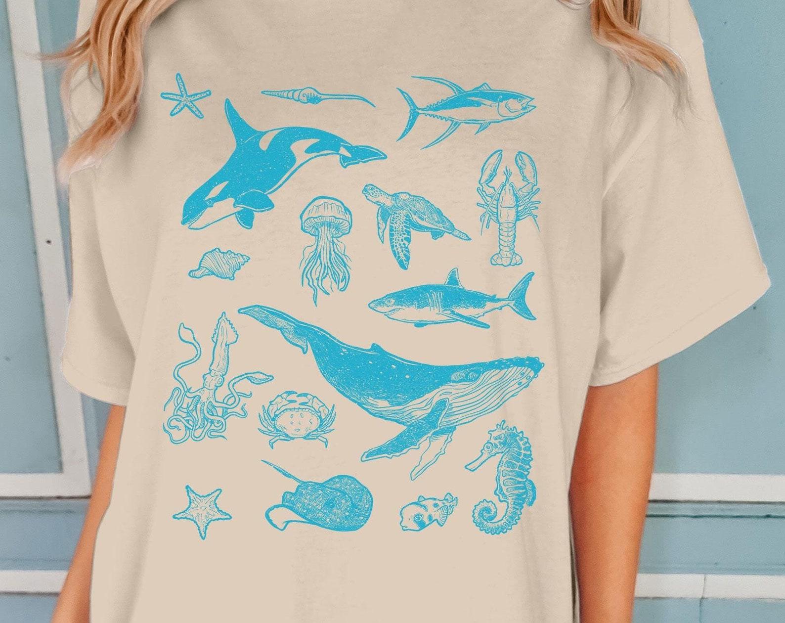 Sea Animal T-Shirt, Humpback Whale, Orca, Marine Life Ocean Shirt S