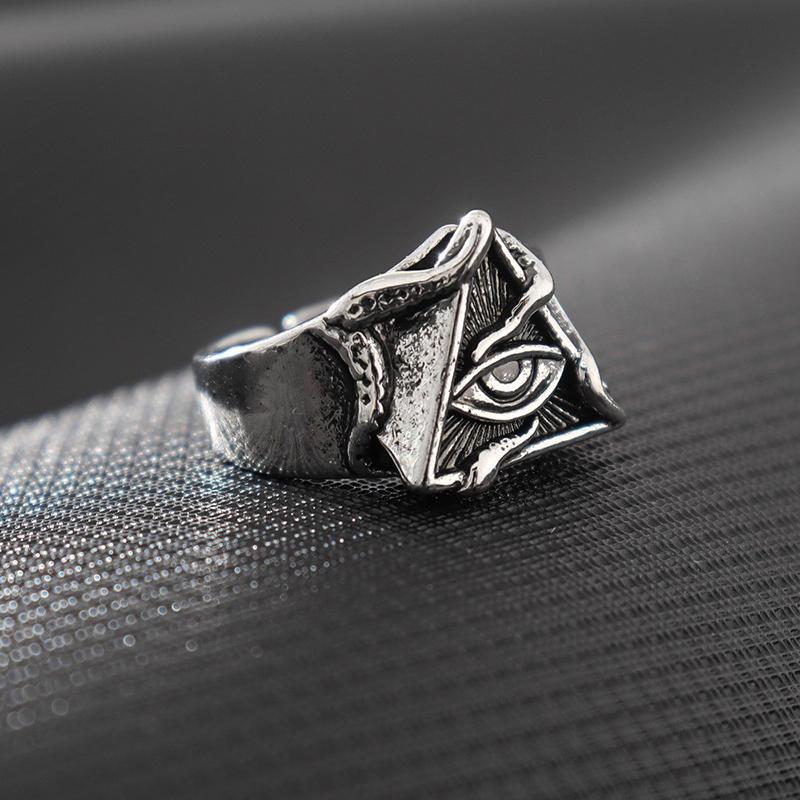 Retro Eye of Providence Cthulhu Octopus Adjustable Open Ring For Men Silver Color Punk Gothic Jewelry Biker Accessories Man Gift