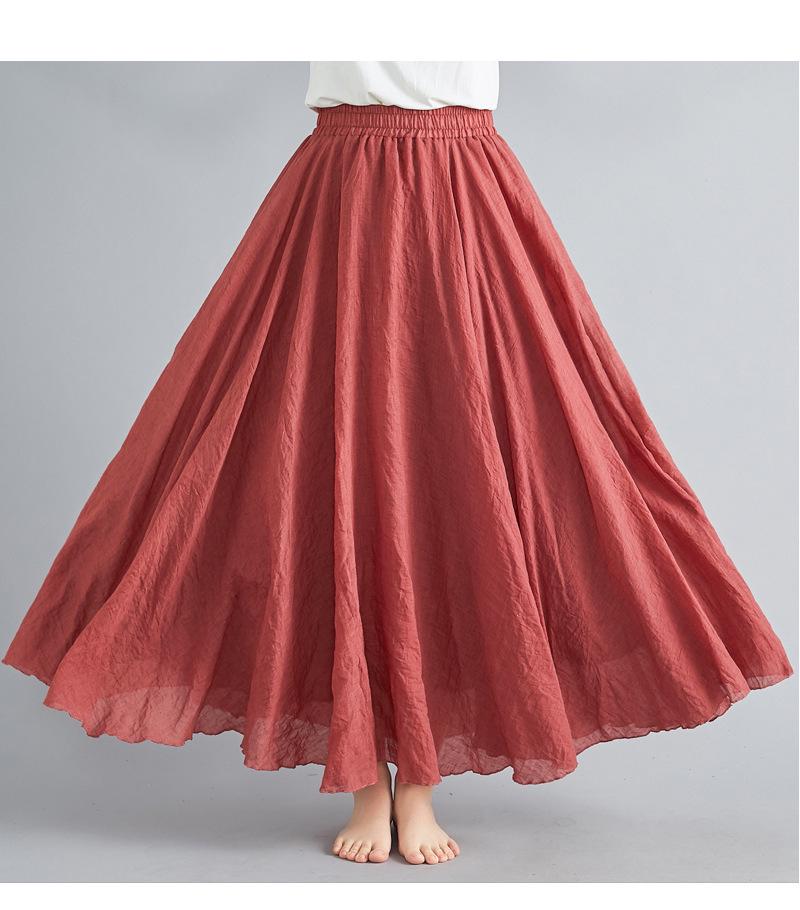 2024 Japan & Korea Loose Cotton-Linen Elastic Waist Midi Skirt – Solid Color A-line Swing Skirt