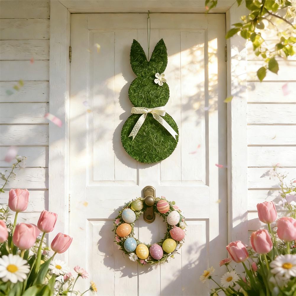 Easter Bunny Decoration Easter Bunny Door Sign Wooden Wreath with Hanging Welcome Bow Farmhouse Rabbit Decor Artificial D0W8
