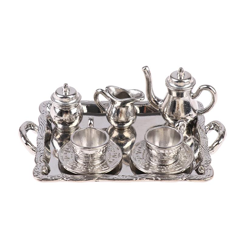 8Pcs/Set Dollhouse Miniature Square Plate Metal Wine And Tea Set
