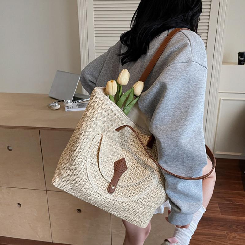 Yogodlns Women's Woven Straw Tote Bag Leather Patchwork Decor Large Capacity Casual Daily Beach Vacation Shoulder Handbag