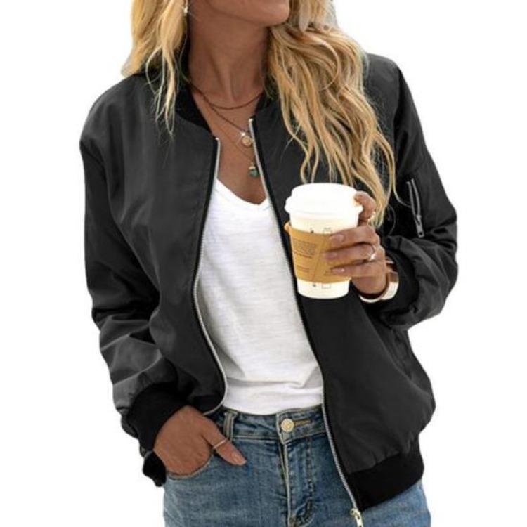 Women Loose Cardigan Coat Daily Lady Solid Color Zip-up Stand Collar Elastic Cuff Hem M чёрный