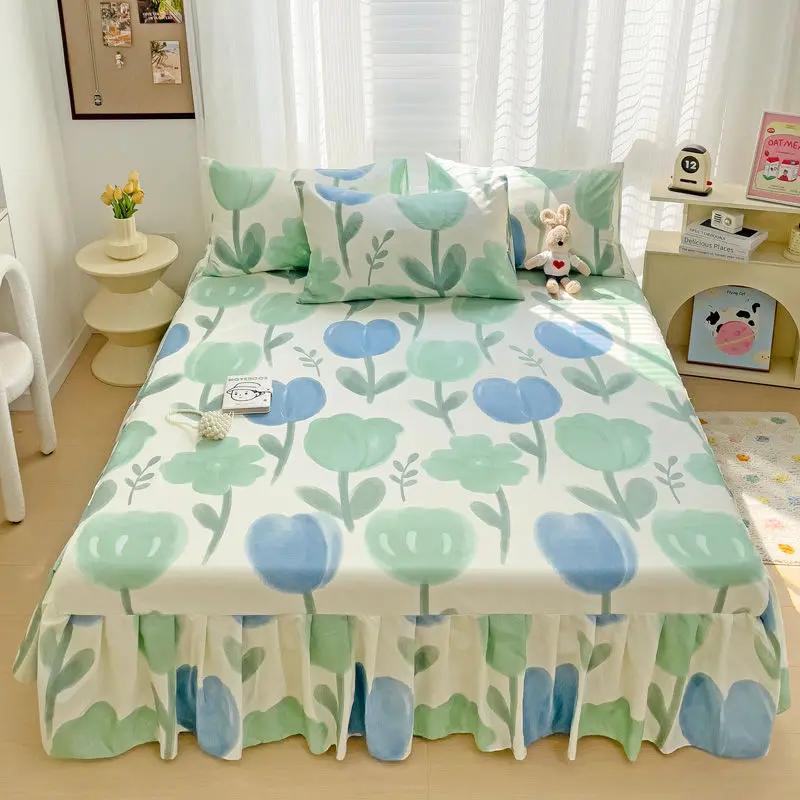 Printed Cotton Bed Skirt Three Piece Set All Season Universal Ruffle Edge Single Bed Cover Soft Comfortable Bedding Bedspread