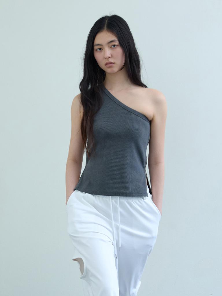 Uusoo Side Zipper One-Shoulder Top_ Washed Gray