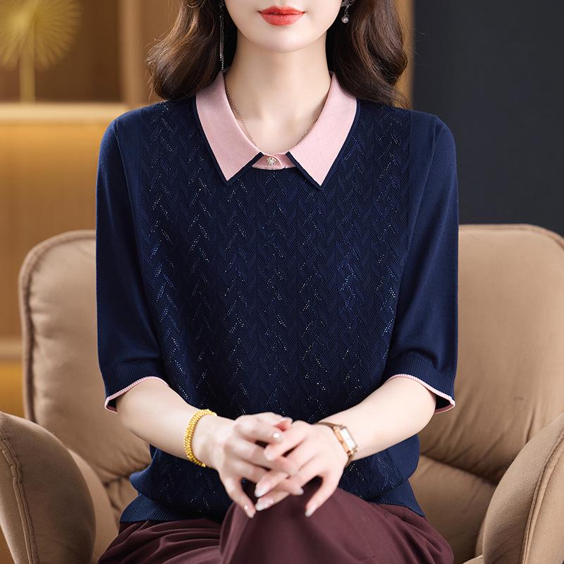 

Elegant Spring/Summer Knit Top for Women 50+, Shirt Collar & Mid-Sleeves, Age-Reducing Design XL (100-110 lbs)
