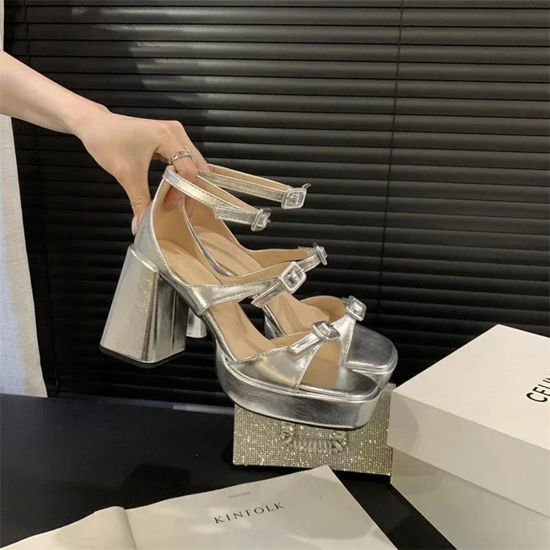 

Черные каблуки для дам, сандалии на платформе, серебристые туфли на низком толстом каблуке, удобная летняя обувь для женщин, дизайнерские сандалии для женщин 39 серебряный