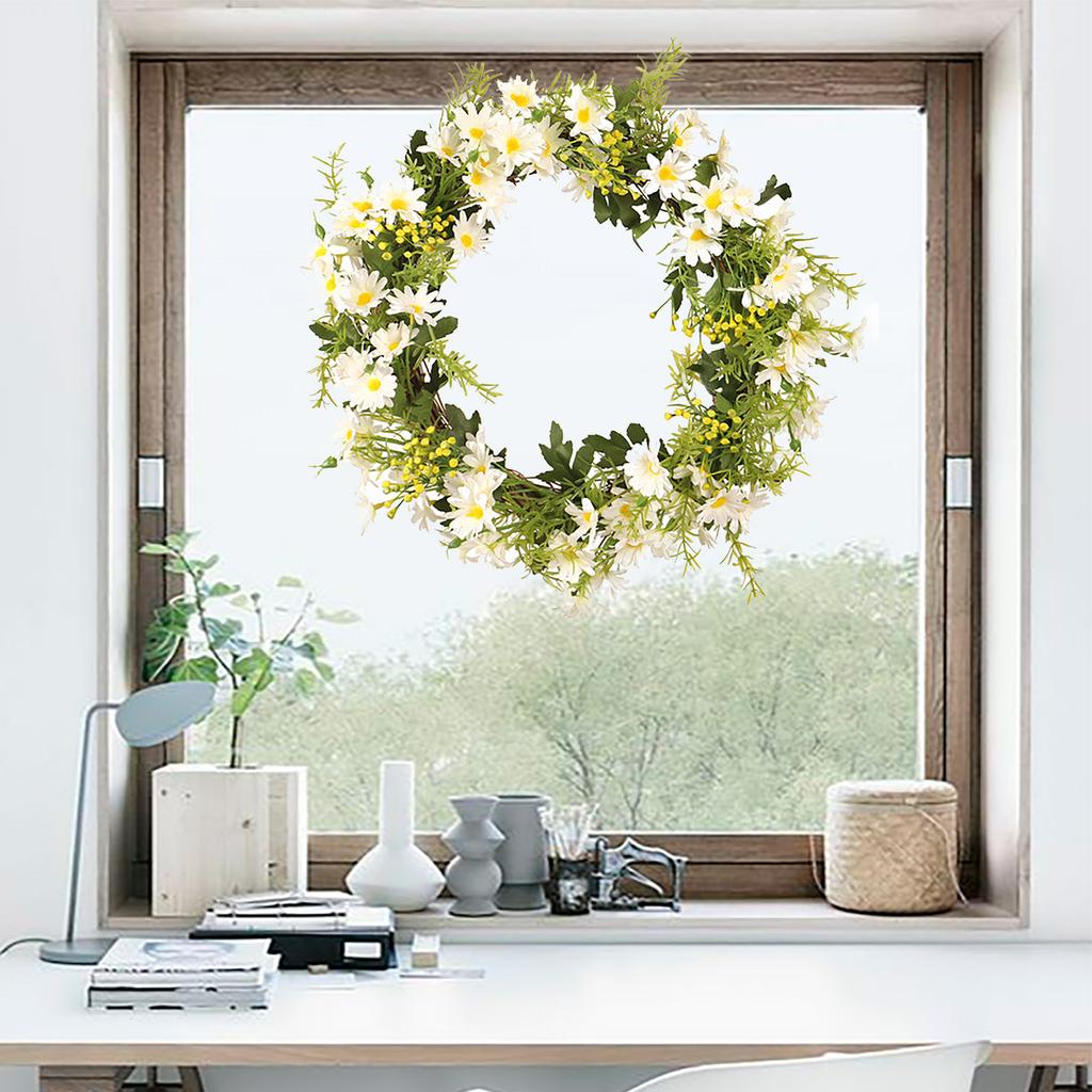 Artificial Daisy Wreath 35cm Diameter Faux Flower Wreath Spring Home Decoration for Door Wall Yellow