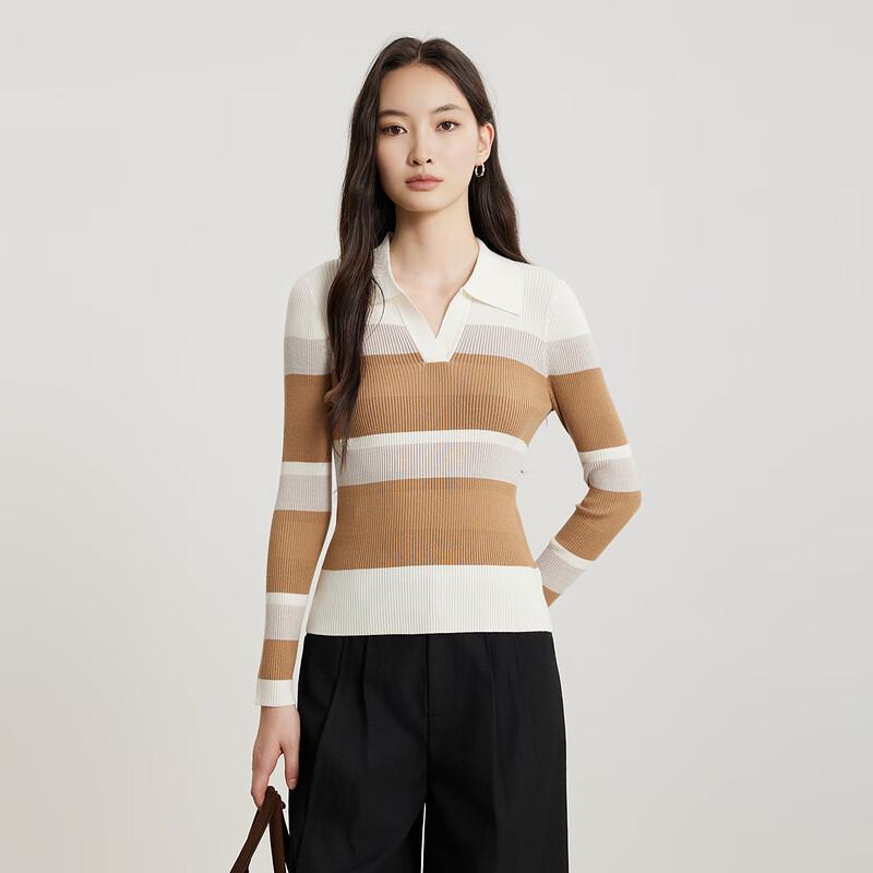 

Женский полосатый трикотажный свитер с длинным рукавом и воротником поло M