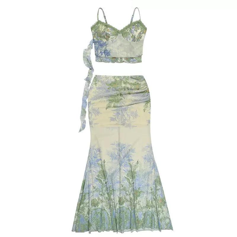 Chest Pads, Exotic Temperament, Elegant Two-piece Set, Summer Sleeveless Suspender Top, Printed Skirt for Women