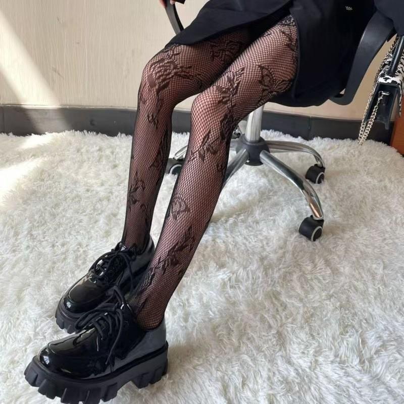 Women Sexy Fishnet Stockings With Butterfly Flower Patterns Costumes Uniform Maillard Color Scheme New Style Hollow Mesh Tights