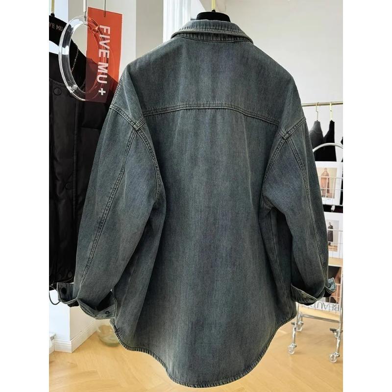 Demin Coat for Women Cotton Thickened Plush Autumn Winter Sleeve Oversize  Casual Zipper Throwback Jacket