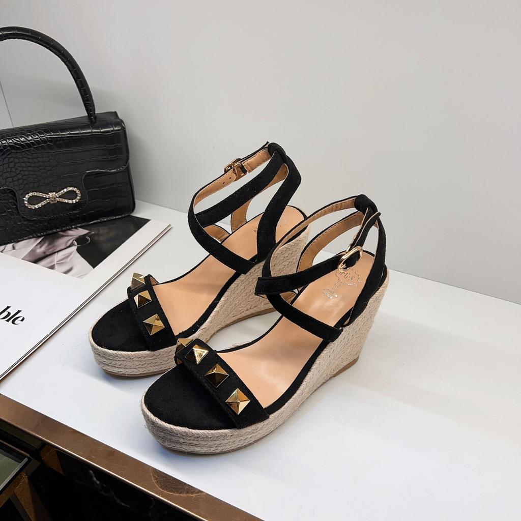 2025 Hot Sale New Spring and Summer Rivet Hemp Sole Wedge Heel Sandals Thin Belt Woven Platform High Heels Shoes for Women