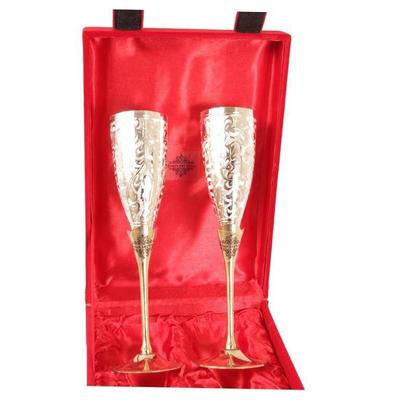 Silver Plated & Brass Champagne Wine Glass with Red Box, Embossed Design, Perfect for Parties, Flute Glass, Champagne Glasses