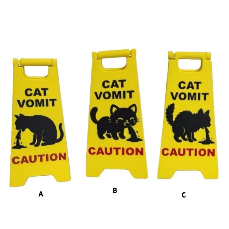 3Pcs Funny Cats Vomit Caution Signs Humorous Double-Sided Printing Desk Decors Gag Gift for Pet Owners & Cats Lover
