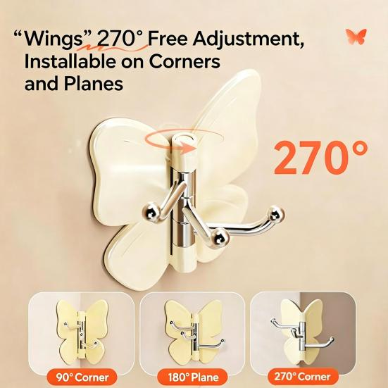 4PCS Butterfly Rotating Self Adhesive Hook, 3-Hook 270 Swivel Design, No Drill Wall Mount Storage Hooks, for Hanging Towels Keys Bags Hats