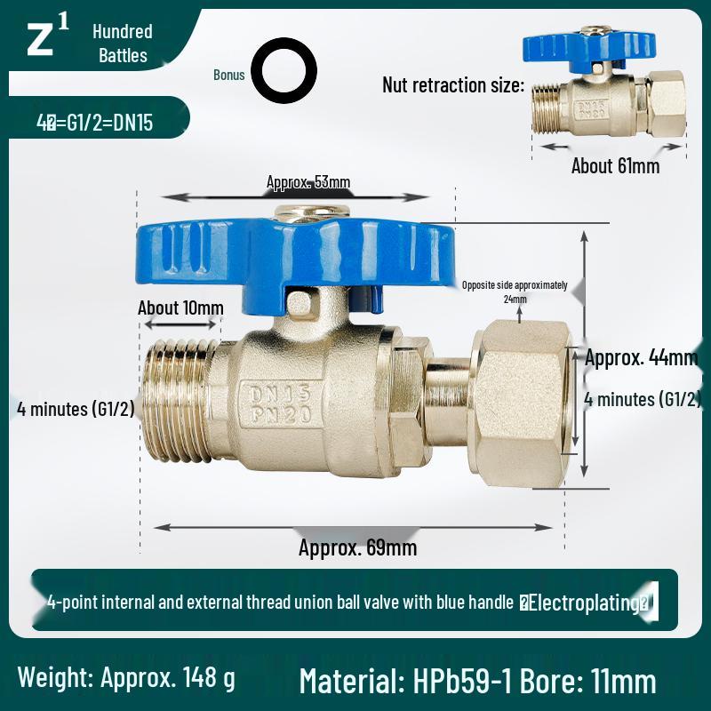 Full Copper Water Heater Union Ball Valve, Male/Female Thread, 6 to 4 Points Large Flow for Wall-Hung Boiler