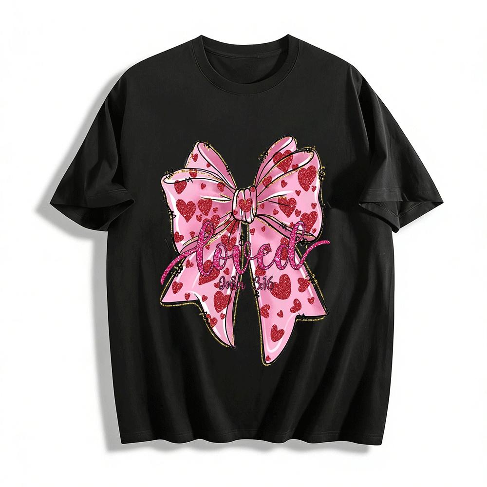 John 3:16 Loved Heart Bow Print Casual Top Pure cotton T-shirt XXS