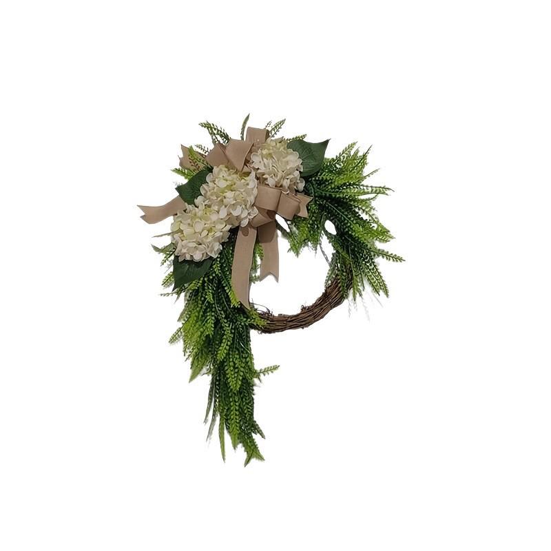 American Pastoral Hydrangea Wreath with Burlap Bow - Green Plant Vine Ring Door Hanging