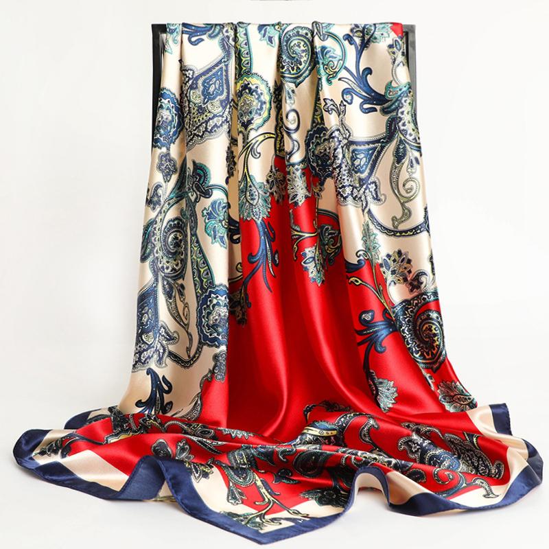 90X90CM Square Women Scarves Silk Office Ladies Hair Neck Bandanna Headband Foulard Headcloth Muslim Headscarf Female Muffler