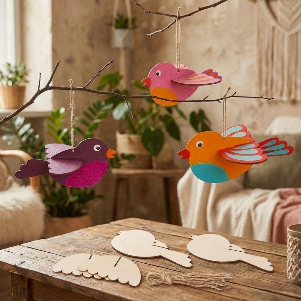 Unfinished Wooden Bird Craft Kit with Rope Painting 3D Wood Bird Ornament Handmade with Wings DIY Bird Hanging Decor Classroom