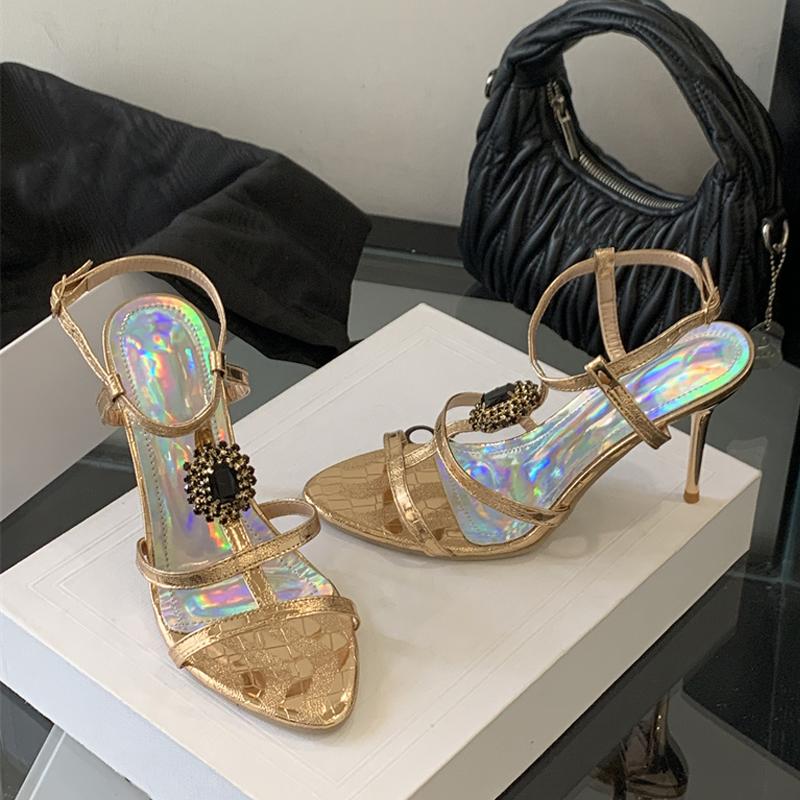 Fashion Liyke 2025 Neue Mode Edelsteinriemen Knöchelschnalle Damen Sandalen Sommer Offene Zehen Goldene Hohe Absätze Hochzeit Ballschuhe Zapatos Mujer