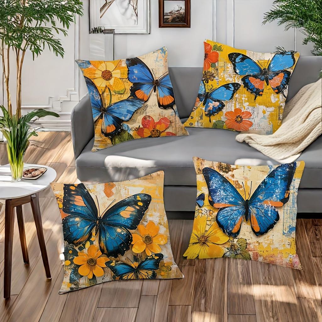 Vintage Blue Butterfly Pillow Covers, Floral Ephemera Art Decorative Throw Pillow Cases, Boho Nature Home Decor Cushion Covers