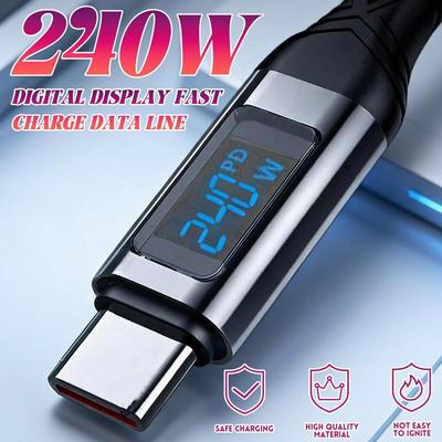 USB Type-C Cable 240W LED Digital Display Quick Charging Data Line USB A To C Sturdy Nylon Braided Wire Cord for IPhone Samsung