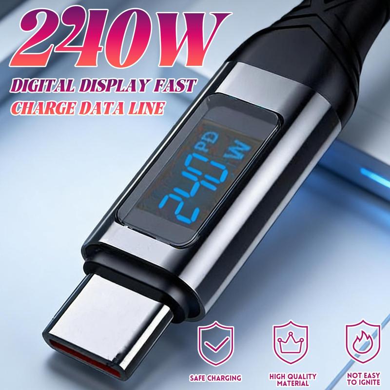 Digital Display Type C Cable 240W Super Fast Charging Cord Sturdy Nylon Braided USB-C Type-C Data Line for IPhone Samsung Xiaomi