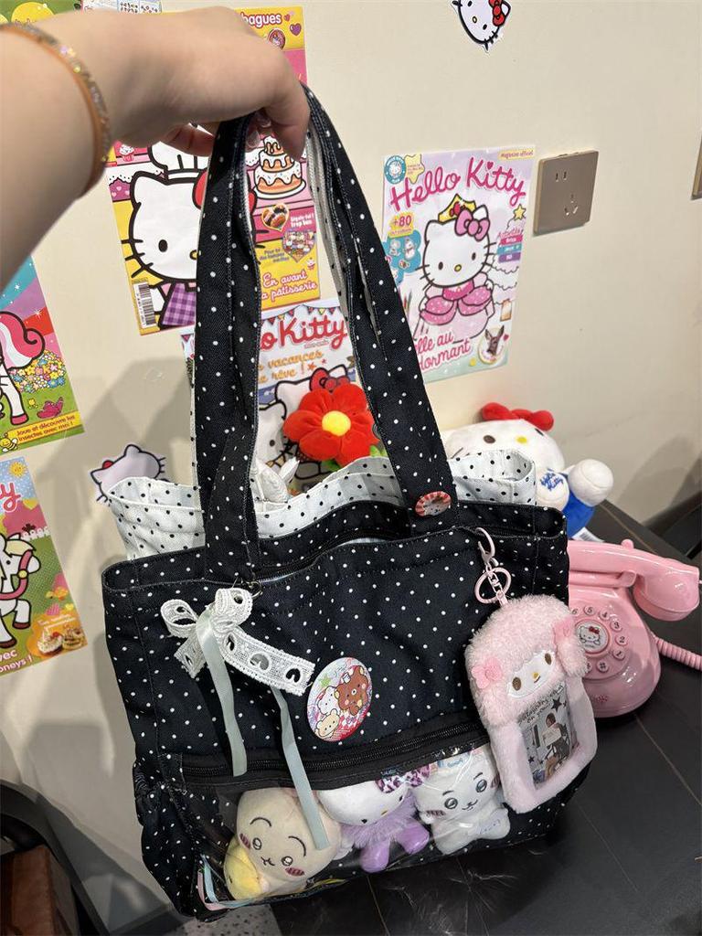 Polka Dot Anime Ita Bag: Large Capacity Canvas Tote with Versatile Shoulder Strap - Korean Style