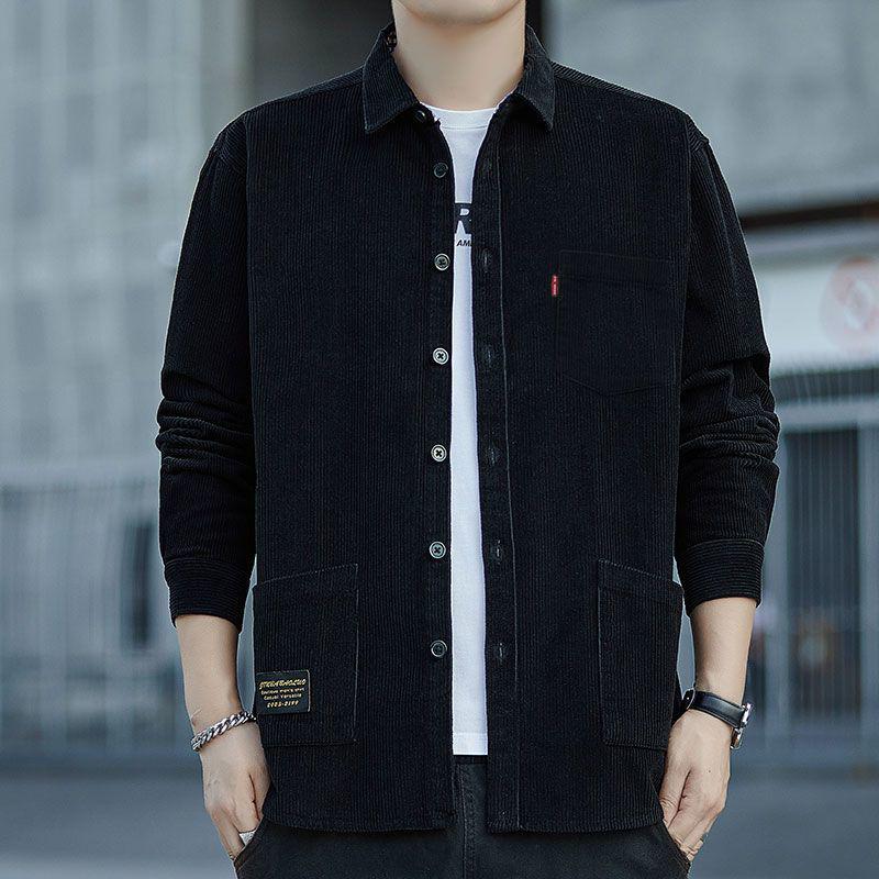 Men's Fleece-Lined Corduroy Shirt Jacket with Pockets - Long Sleeve, Thick, Loose Fit for Autumn/Winter.