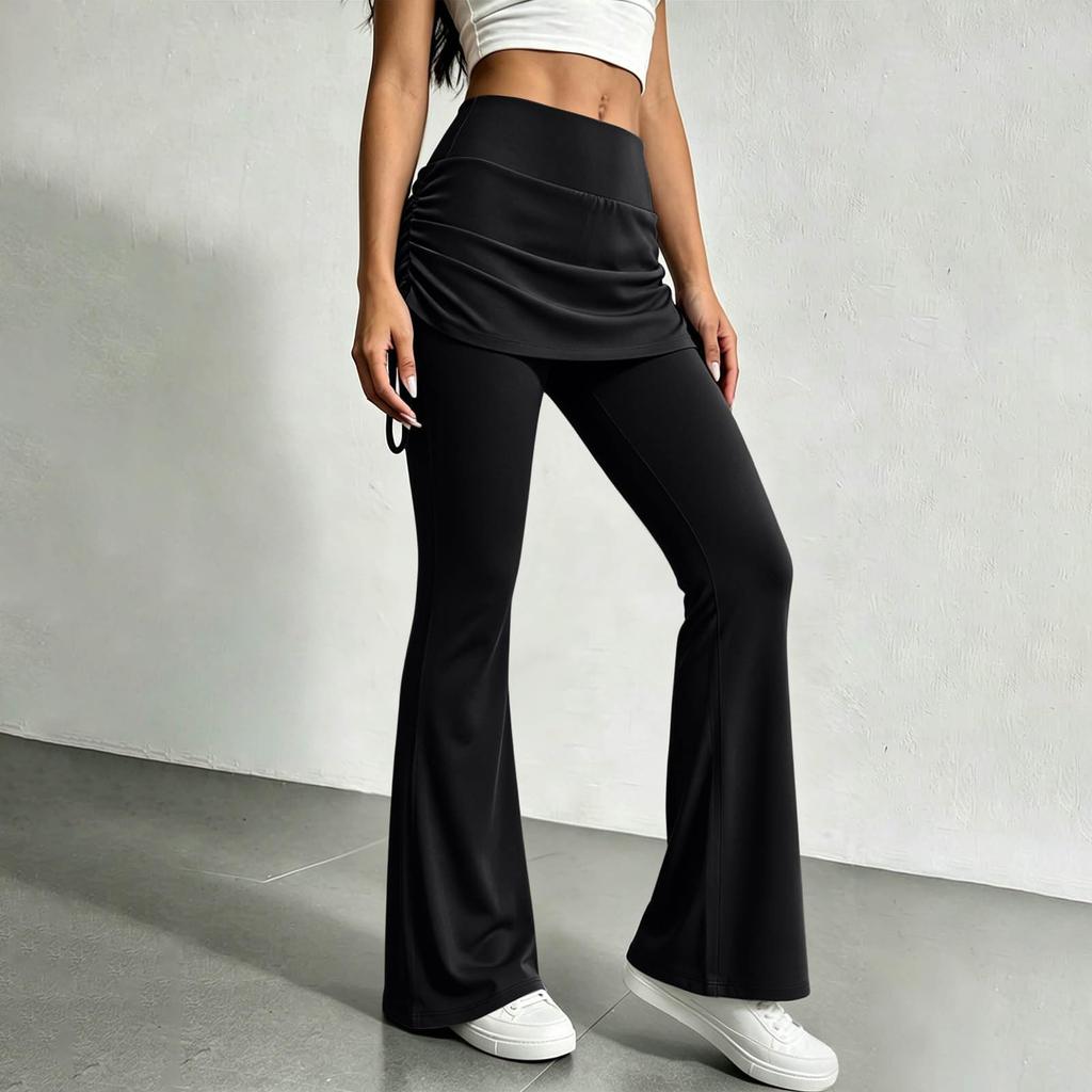 Damen High Waist Schlag-Yogahose mit Rock-Überlage Dehnbare Weitbeinige Hose für Freizeit-Fitnessaktivitäten