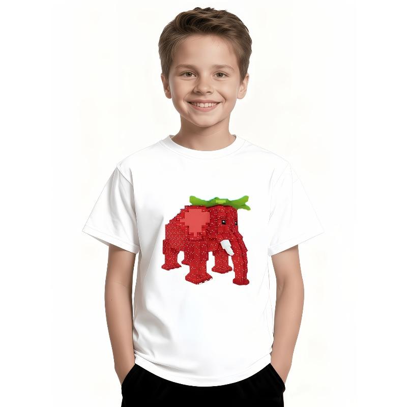 European sizes 1pc T-shirt for Boys, Creative Strawberry and Elephant Print, Boys Clothing 110 белый